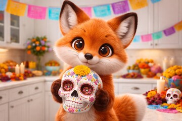 Obraz premium Cute cartoon fox holding a decorative sugar skull in a kitchen for Day of the Dead celebration. Colorful Mexican tradition festival concept for greeting card and festive decoration