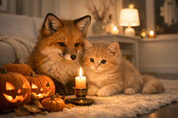 Naklejka premium Fox and kitten sitting together by candlelight beside carved pumpkins for Halloween party decoration. Cozy domestic scene with wild animal and pet celebrating autumn holiday at home