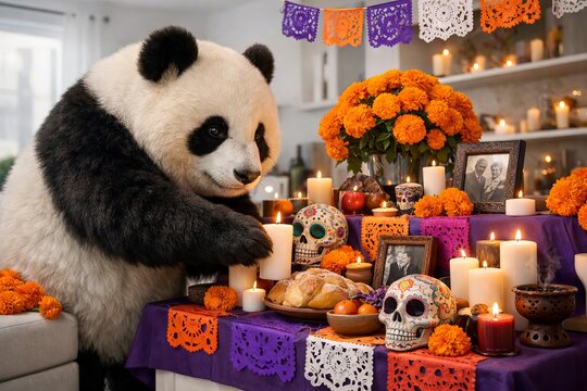 Giant panda bear lighting candle at traditional altar of Day of the Dead. Mexican cultural celebration with sugar skull, marigold flower and offerings. Festive home ritual concept