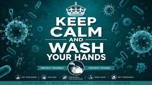 Crown atop bold text urges handwashing