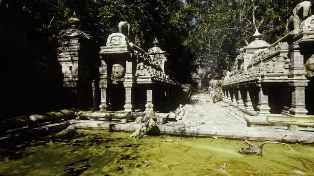 mossy temple courtyard bathed in sunlight, overgrown stone facades and collapsed lintels, carved statues and scattered blocks, archaeologist sketching