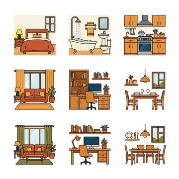 Collection of Cozy Home Interior Scenes Featuring Bedroom Bathroom Kitchen Living Room and Dining Room