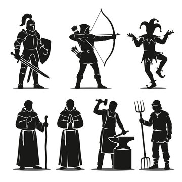 Medieval Characters Silhouette Set Knight Archer Jester Monk Blacksmith Farmer