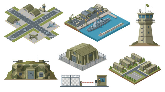 Modern Military Base Infrastructure Isometric Vector Icon Set, Airbase, Naval Port, Bunker, and Barracks Elements