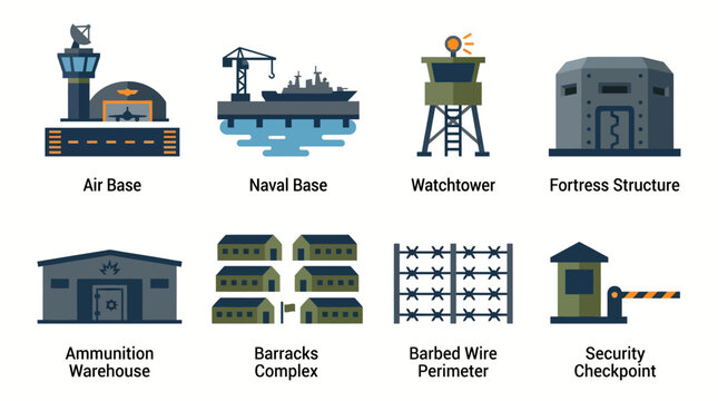 Military Base Infrastructure Vector Icon Set, Army and Navy Flat Elements, Airbase, Barracks, and Security Checkpoint Symbols