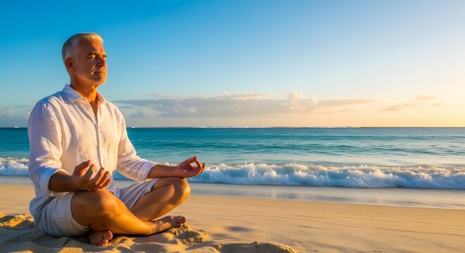 A tranquil scene of a senior man practicing mindful meditation on a serene sandy beach, finding inner peace and wellness by the calming ocean at sunset