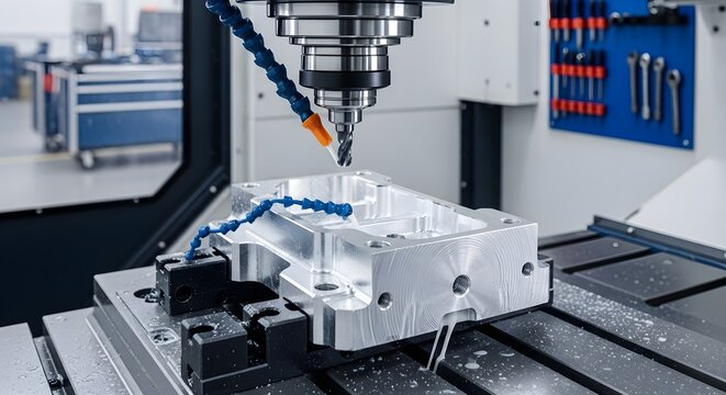 CNC milling machine cutting metal part with coolant spray