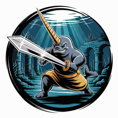 Cartoon narwhal with sword underwater scene. © Muhammad
