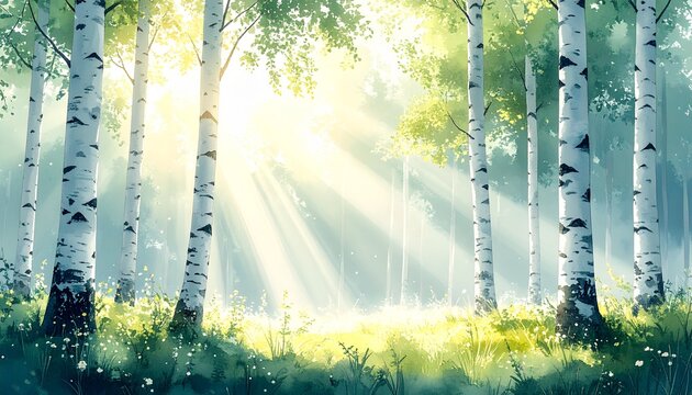 木漏れ日と白樺林の化粧品水彩背景