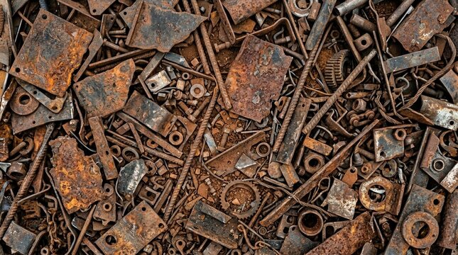Heap of rusty metal scrap parts, nuts, bolts and steel pieces creating abstract texture