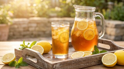 Naklejka premium Refreshing glass and pitcher of iced tea with lemon and mint on a wooden tray outdoors in warm summer sunlight
