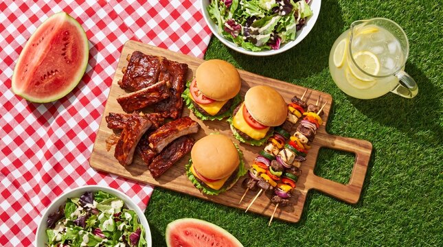  Top-down flat lay view of a summer BBQ picnic feast with pork ribs, cheeseburgers, skewers, and watermelon on a checkered blanket and green grass