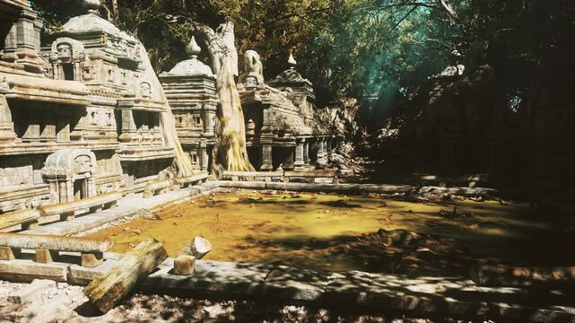 sunlit ancient temple courtyard with pond bathed in golden light, mosscovered stonework and intricate carvings surrounding shallow algaetinted water dappled