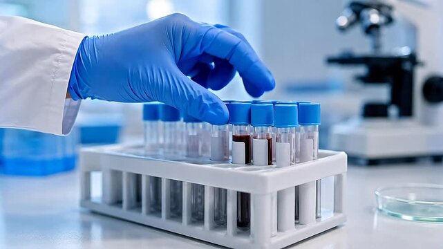 Gloved hand placing blood sample tube into laboratory rack for clinical analysis and diagnostic testing video