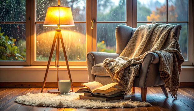Cozy Reading Nook with a Comfortable Armchair, Open ook and Warm Glowing FloorLamp