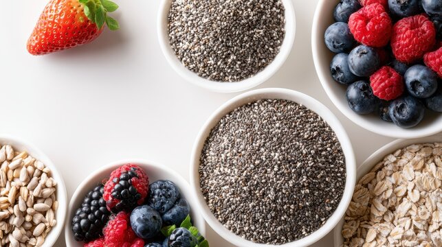 Breakfast flat lay shows oats, chia seeds, and mixed berries arranged neatly. Natural light highlights the colors and textures in this wellness scene