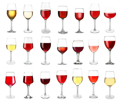 Many glasses of different wine on white background