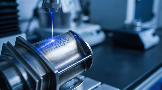 Laser etching turbine component with precise metal engraving in industrial manufacturing process, Turbine engineer design