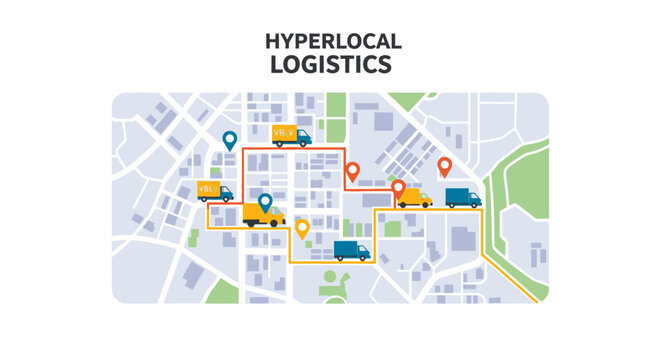 Hyperlocal logistics concept illustration with delivery trucks and route planning on a city map. EPS Editable. Vector Illustrations.
