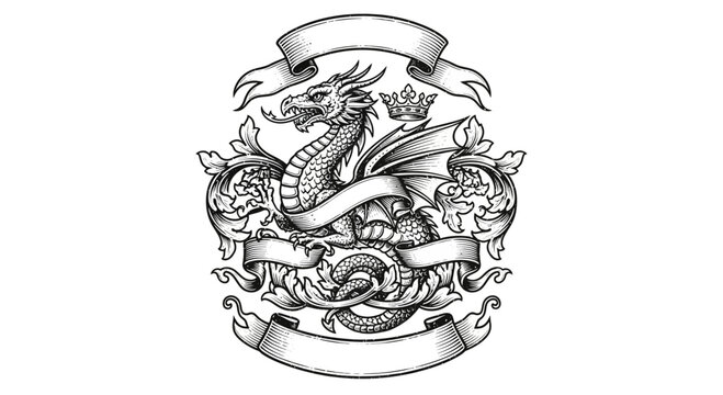 Black and white dragon emblem design.