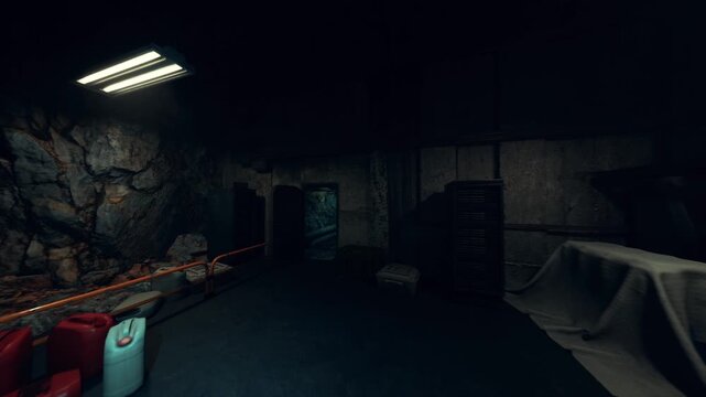dim bunker doorway framing distant pipe tunnel, concrete walls, rusted metal, faint light, abandoned shelter atmosphere with hidden infrastructure feel