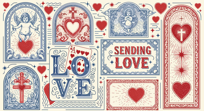 Love cherub icon collection, vintage ornate romantic artwork design, decorative motif concept, affection theme style, flat vector illustration