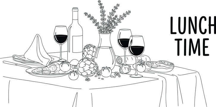 Lunch table collection with wine bread tomato artichoke vase cutlery napkin dining vector design