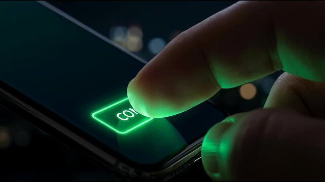 Finger pressing confirm button on smartphone.