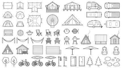 Fototapeta premium Vector Icons Set for Outdoor Activities and Camping CAD Design Elements for Recreation