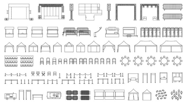 CAD Blocks for Outdoor Events and Market Stalls Tents, Booths, Tables, and Seating Arrangements
