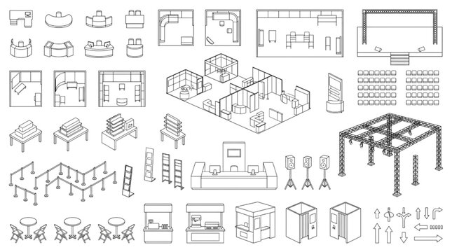 Comprehensive CAD blueprint assets for diverse event and exhibition layouts, featuring furniture, stages, and booth designs in isometric and top-down views for efficient planning