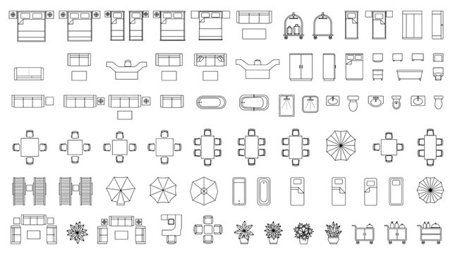 Collection of CAD furniture symbols and architectural drafting elements for interior design and floor plan creation