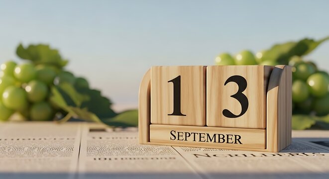September 13th wooden calendar on table with green grapes