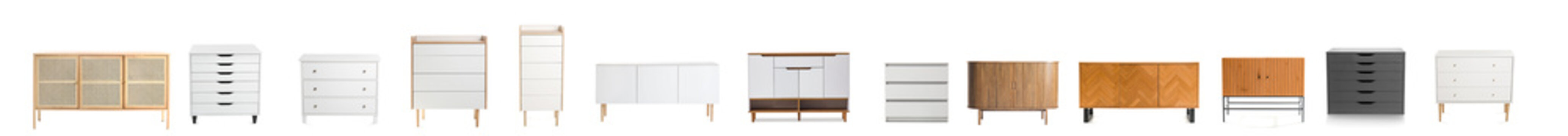 Collage of modern chest of drawers on white background