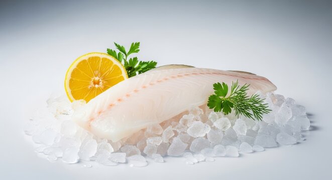 Raw white haddock fillet presented on crushed ice with fresh lemon and green herbs in a professional studio setting for seafood recipes, fillet, delicious, seafood