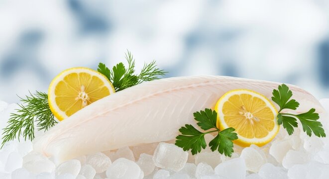 Raw white haddock fillet presented on crushed ice with fresh lemon and green herbs in a professional studio setting for seafood recipes, diet, raw, gourmet