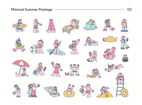 Minimal summer vacation icon set featuring beach activities, surfing, sunbathing, photography, swimming and seaside leisure.