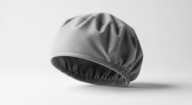 Realistic photo of a gray non-woven bouffant cap for medical use, showing the elastic band and breathable fabric on a white background, hygiene, medical, surgical