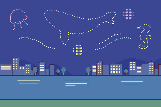 Drone light show background with marine animal formations above a city skyline at night, modern festival and technology concept.