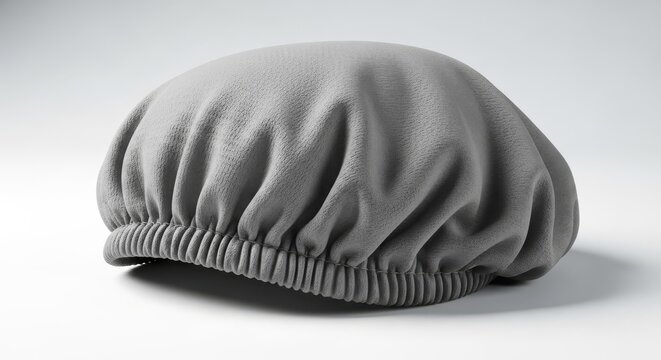 Realistic photo of a gray non-woven bouffant cap for medical use, showing the elastic band and breathable fabric on a white background, industrial, lint-free, surgery