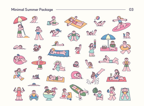 Minimal summer vacation icon set featuring beach activities, swimming, surfing, sunbathing, relaxation and leisure scenes.