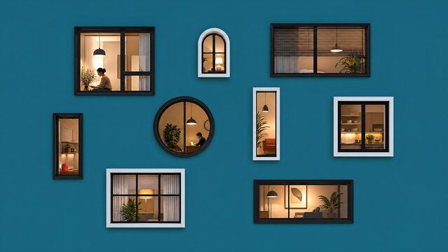 Mismatched windows floating on a solid color background
