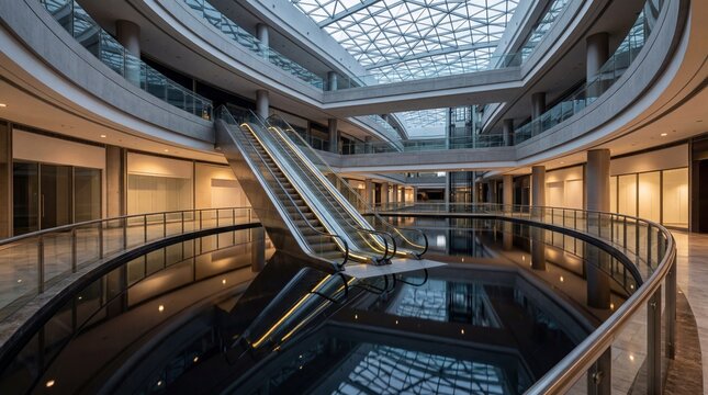 Escalator descending into still lake inside modern shopping mall
