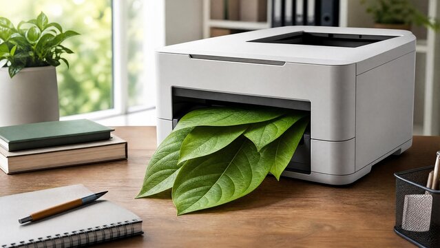 Office printer producing fresh green leaves on desk