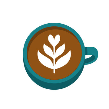 Flat vector illustration of a teal cup of coffee with white latte art leaf pattern from top view. EPS Editable