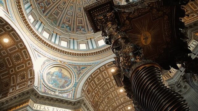 A breathtaking interior tour of Saint Peter's Basilica in Vatican City, Rome, highlighting the famous baldacchino, high altar, statues, and golden arches under the magnificent painted dome ceiling.

