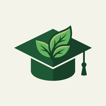 Green graduation cap with leaves logo representing environmental education and sustainable learning. EPS Editable