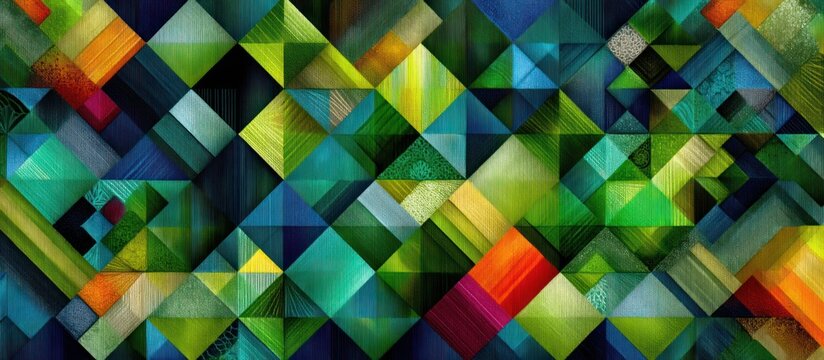 Colorful, geometric abstract composed of overlapping triangles and squares, varying in color and hue