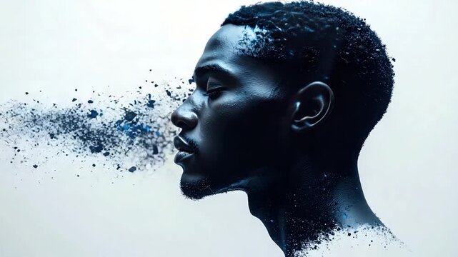 A dark-skinned person's profile, with particles emanating from the face