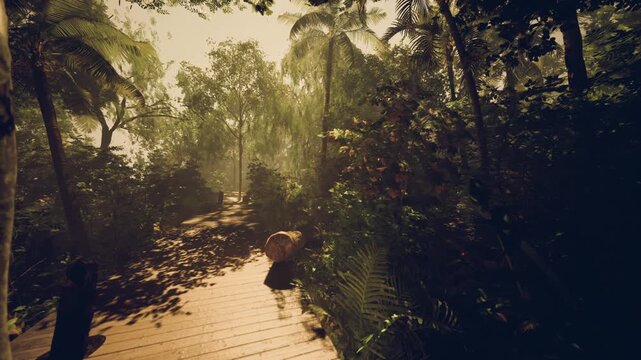 Sunlit wooden path framed by trees, walkway leading toward bright opening, textured bark and patterned shadows, perfect for wellness walk, outdoor yoga